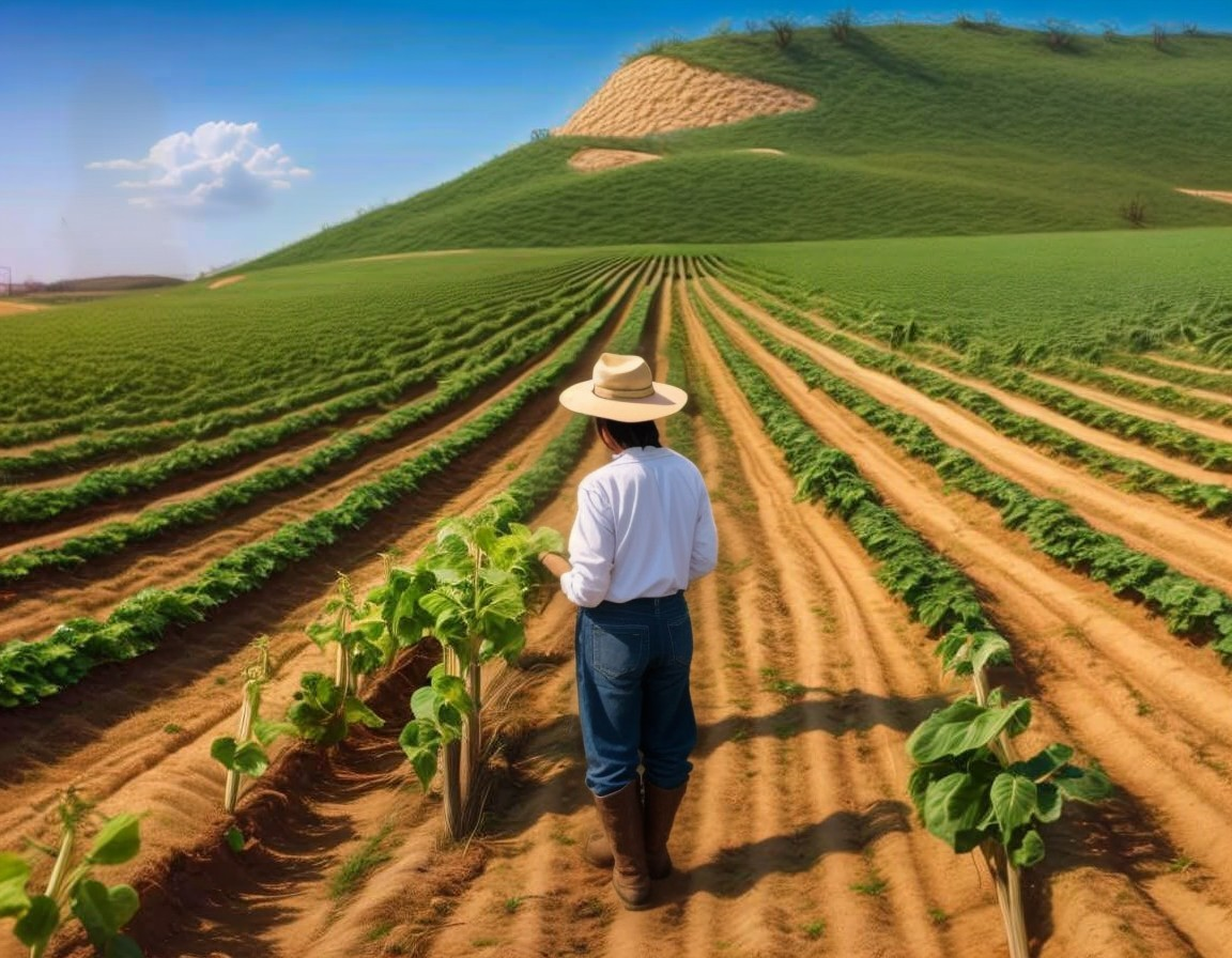 Person in wide-brimmed hat on sunlit farm fields