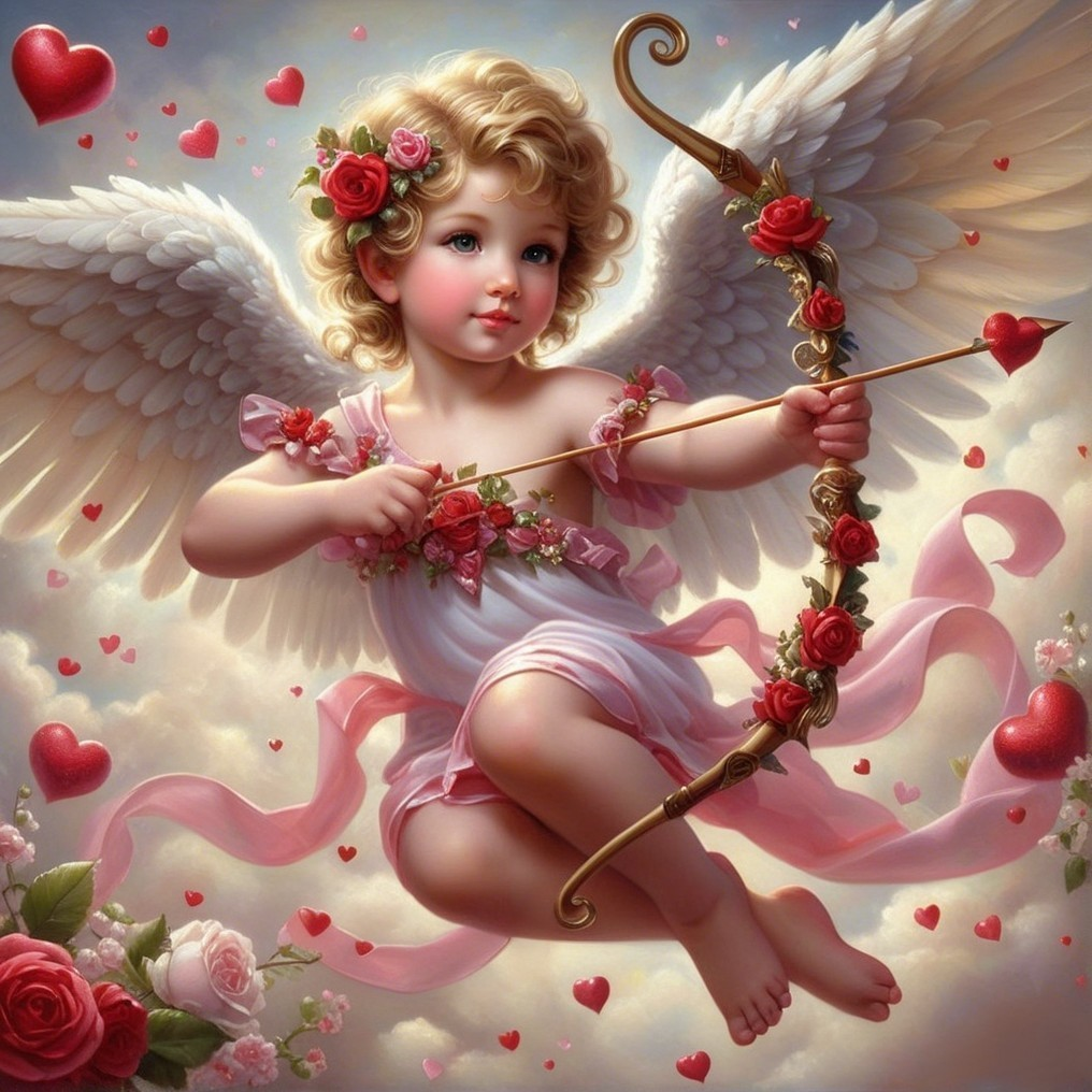 Whimsical Cherub in Dreamy Cloudy Landscape