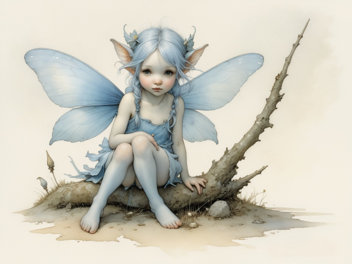 Fairy with Blue Wings on a Barren Branch