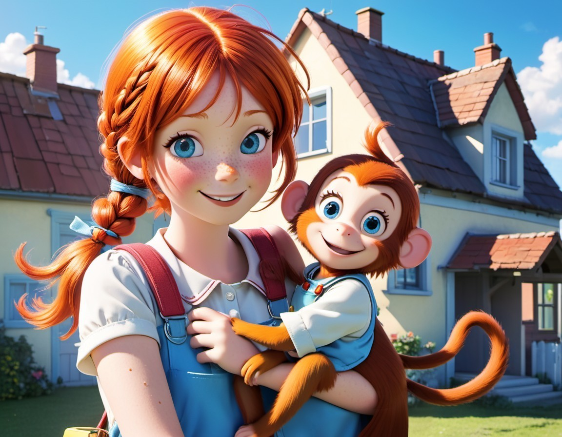 Cheerful girl with red hair and monkey outside house