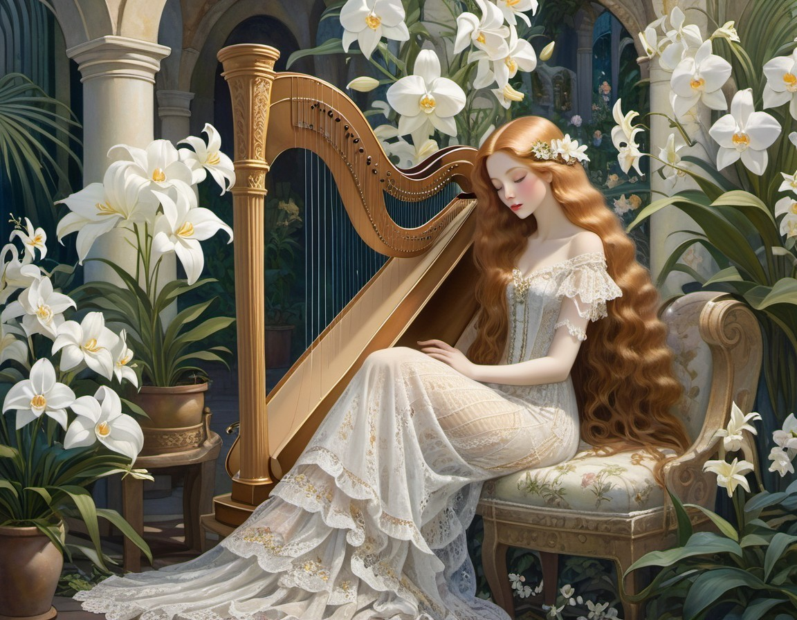 Serene Garden Scene with Young Woman and Harp