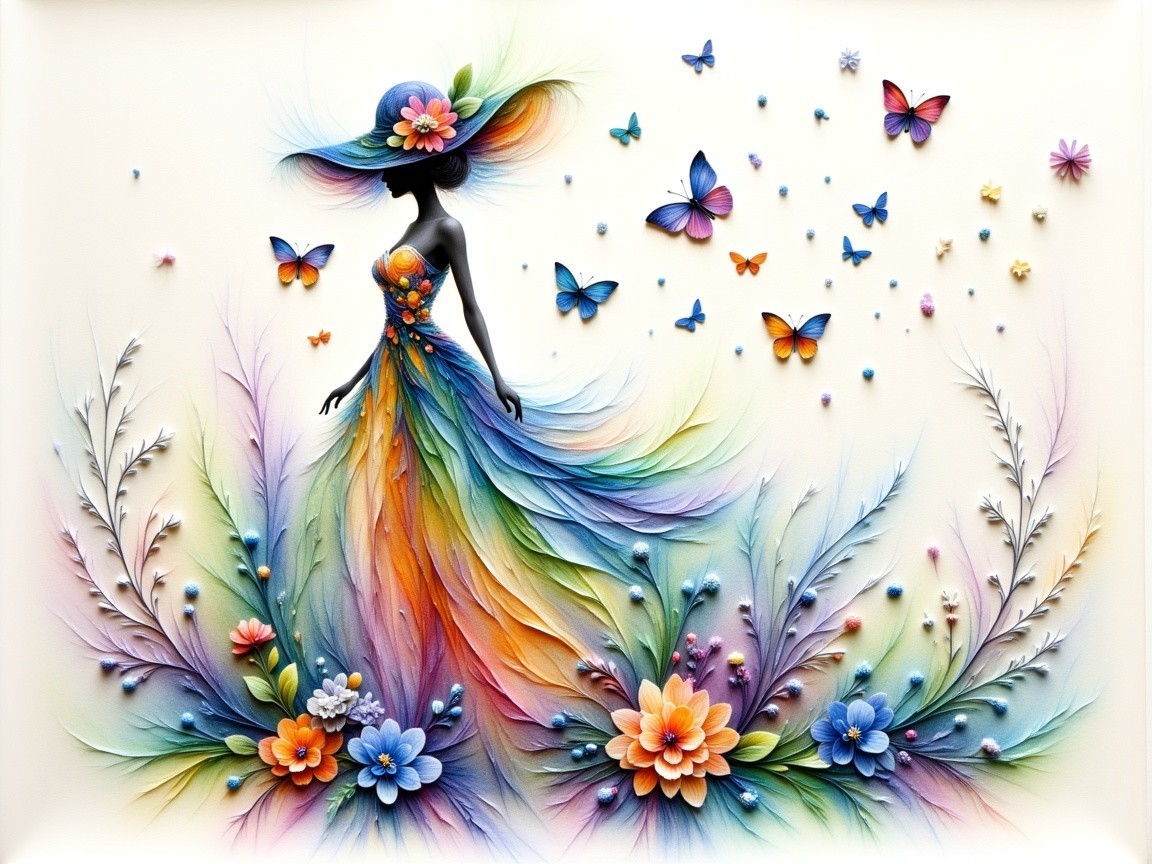 Vibrant Woman in Colorful Dress with Butterflies and Flowers