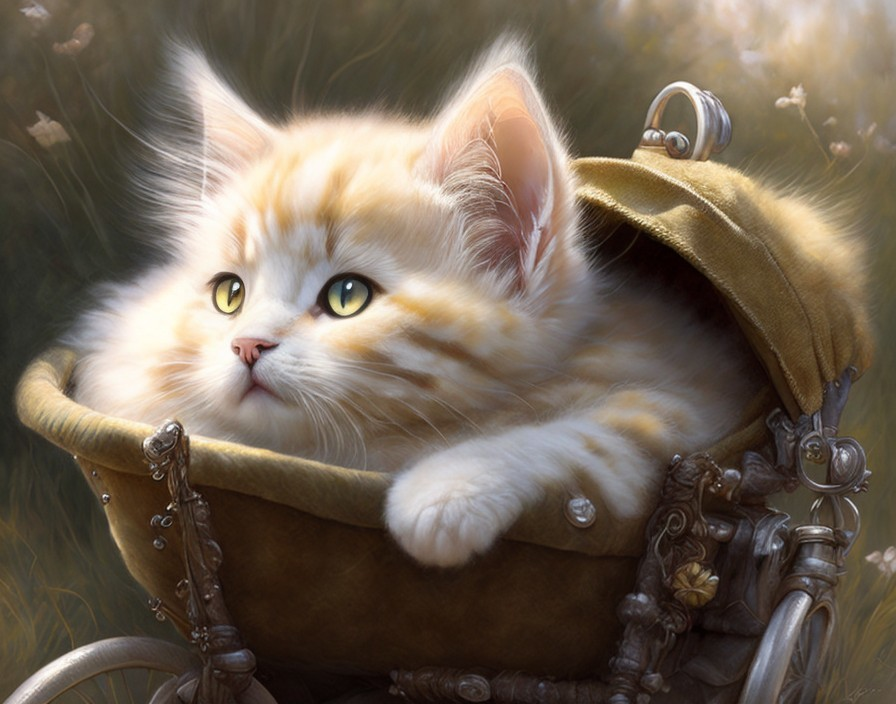 Fluffy Golden Kitten in Vintage Baby Carriage Outdoors