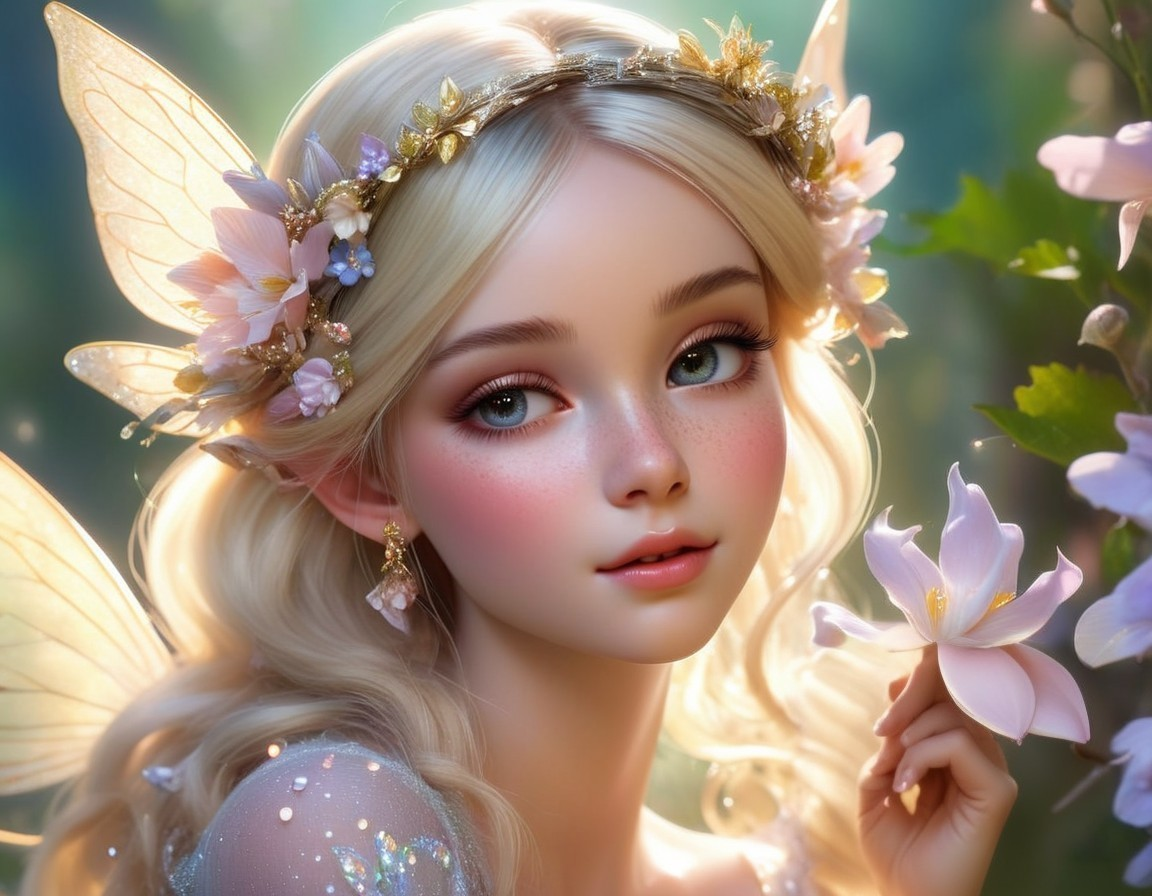Delicate Fairy with Floral Crown and Lotus Blossom