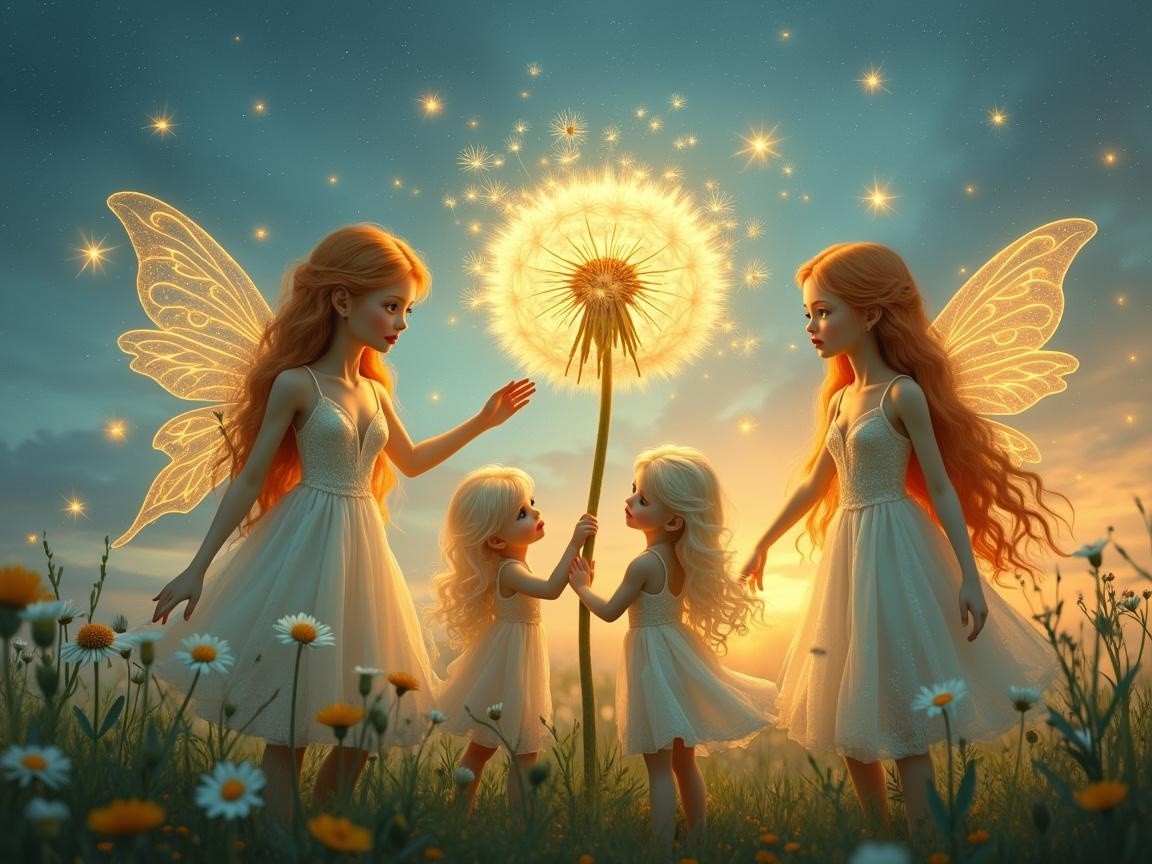 Fairy Figures in Twilight Meadow with Dandelion Puff