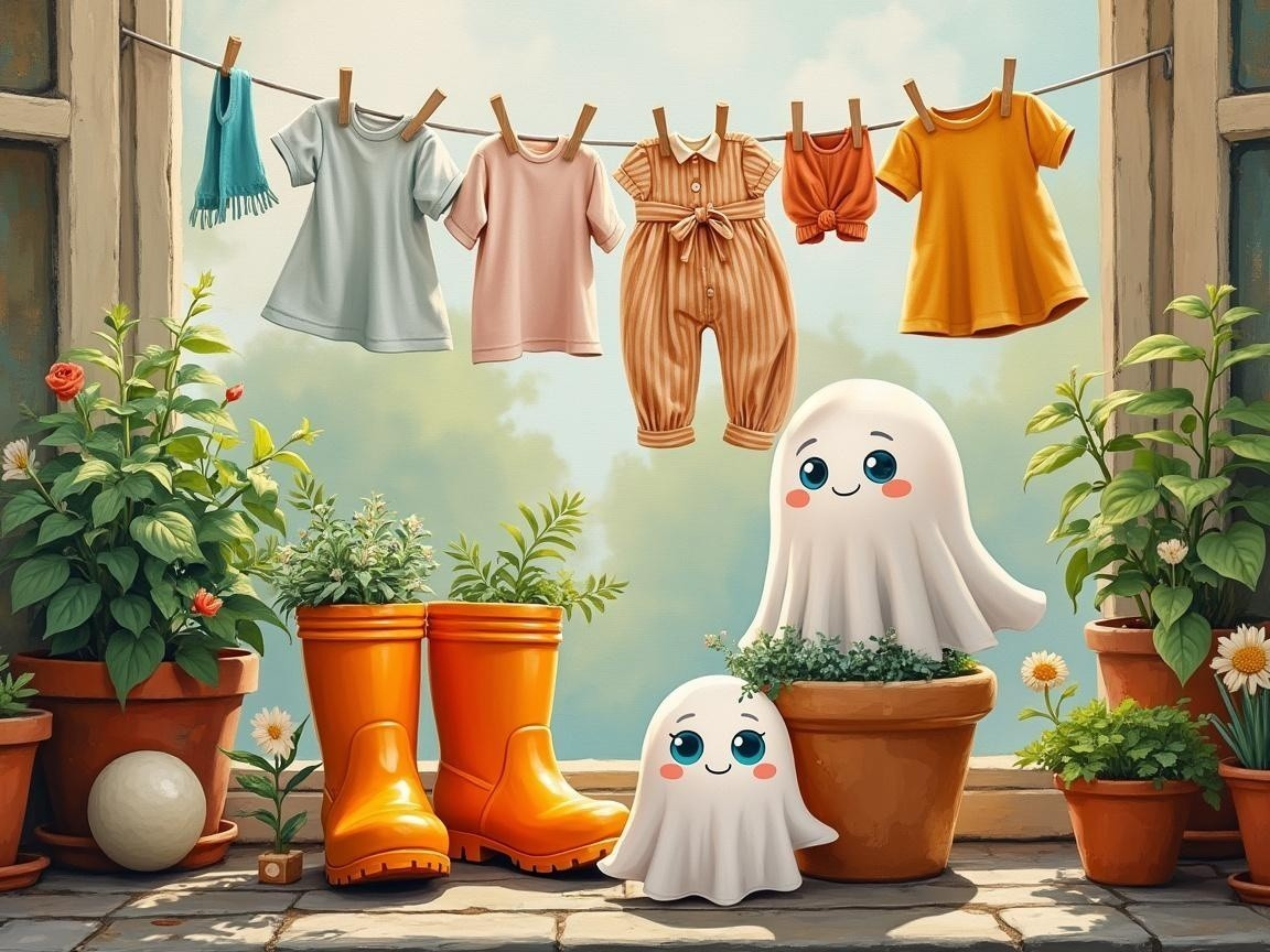 Cartoonish ghosts in flower pots with vibrant greenery