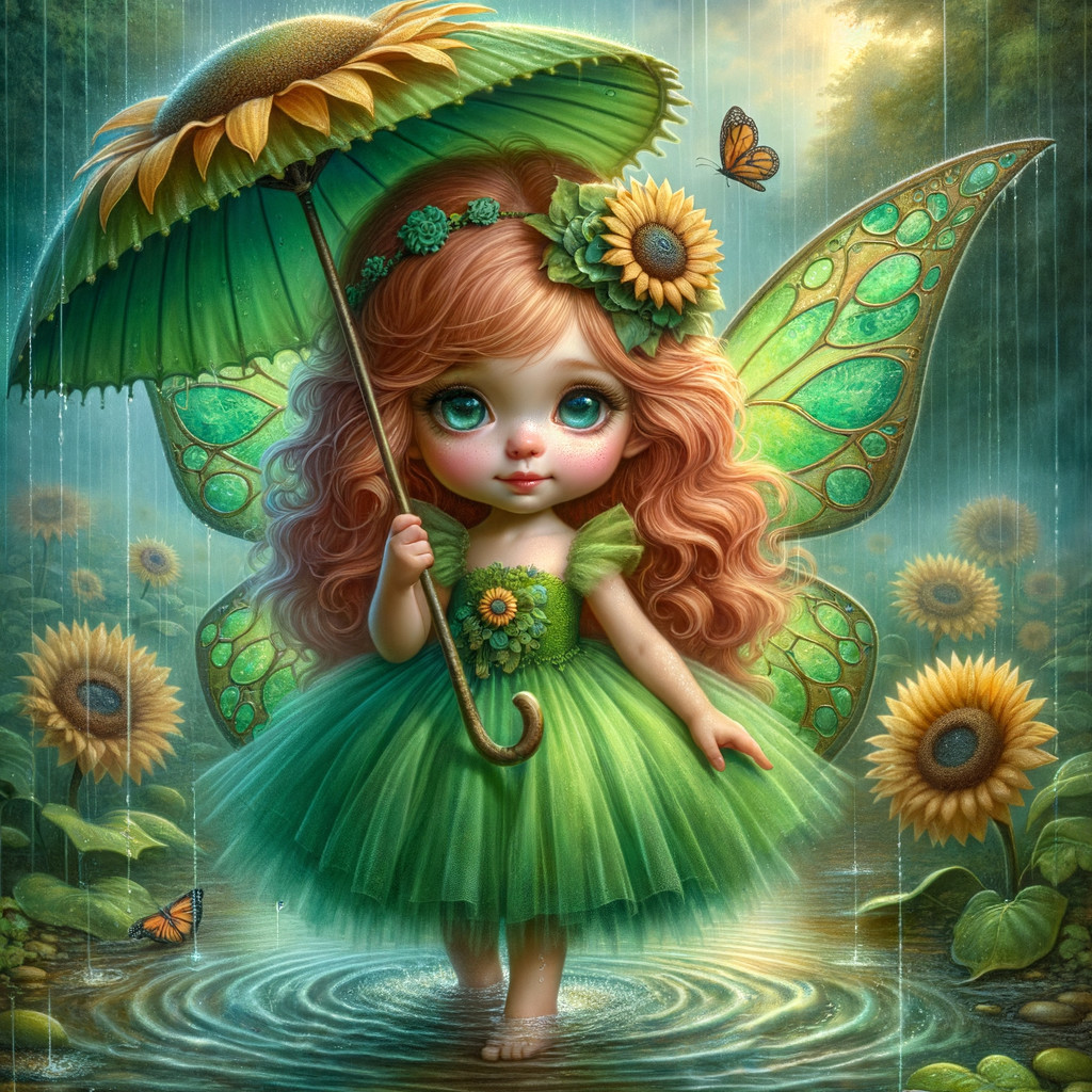 Whimsical Fairy with Green Wings in Sunlit Forest
