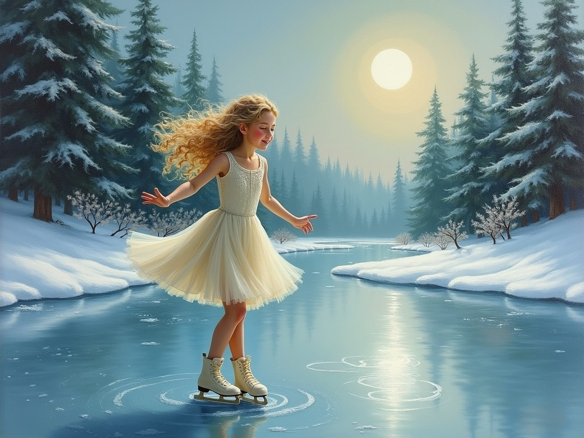 Young girl ice skating on a frozen lake in winter