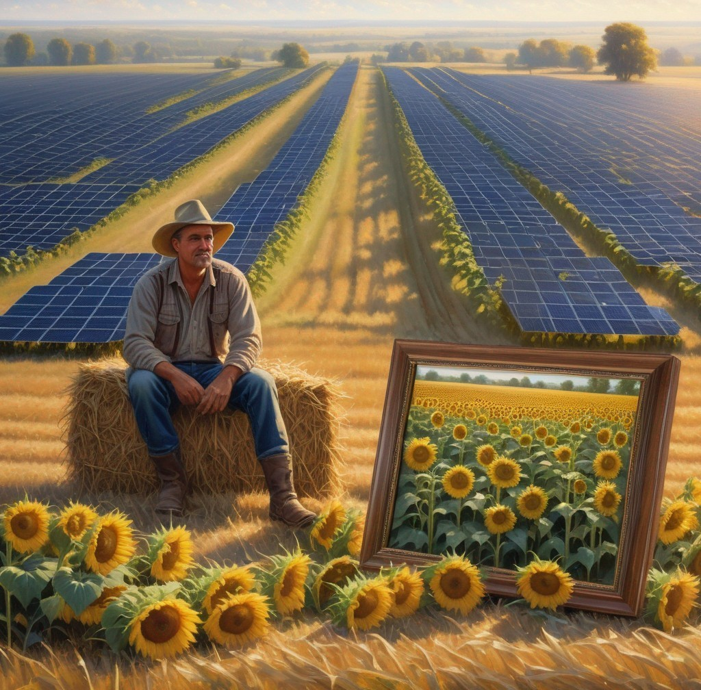 Farmer in Sunlit Field with Sunflowers and Solar Panels