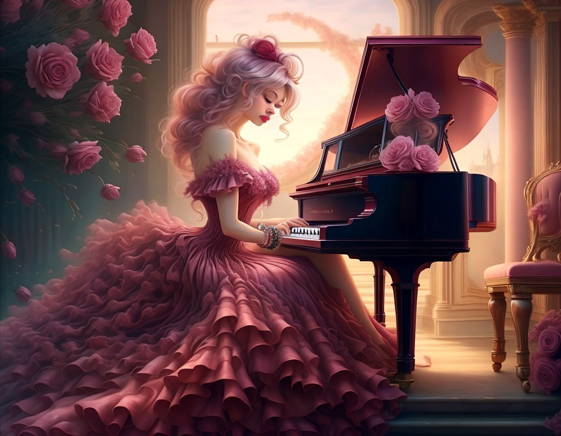 Elegant figure in pink gown at grand piano with roses