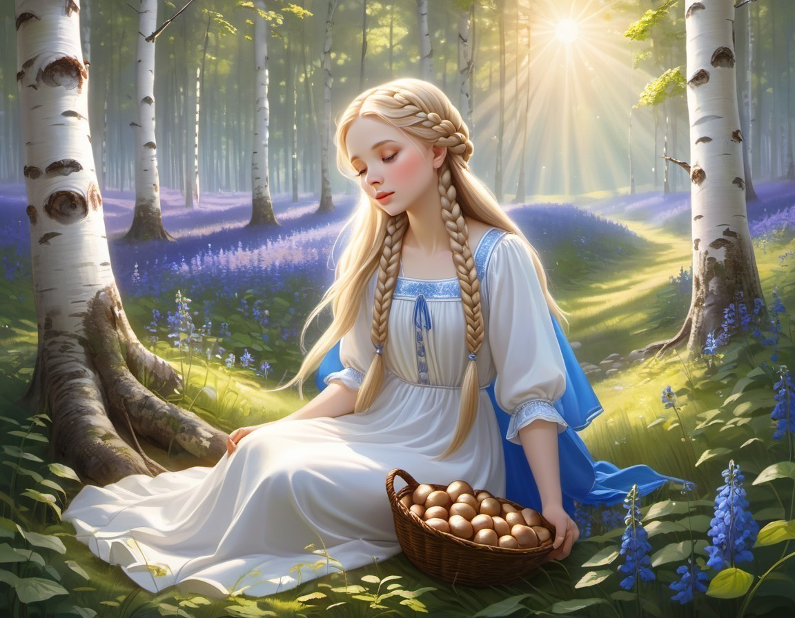 Young girl in woodland with bluebells and golden eggs