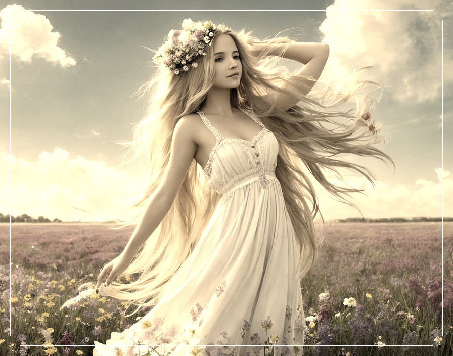 Young Woman in White Dress Surrounded by Wildflowers