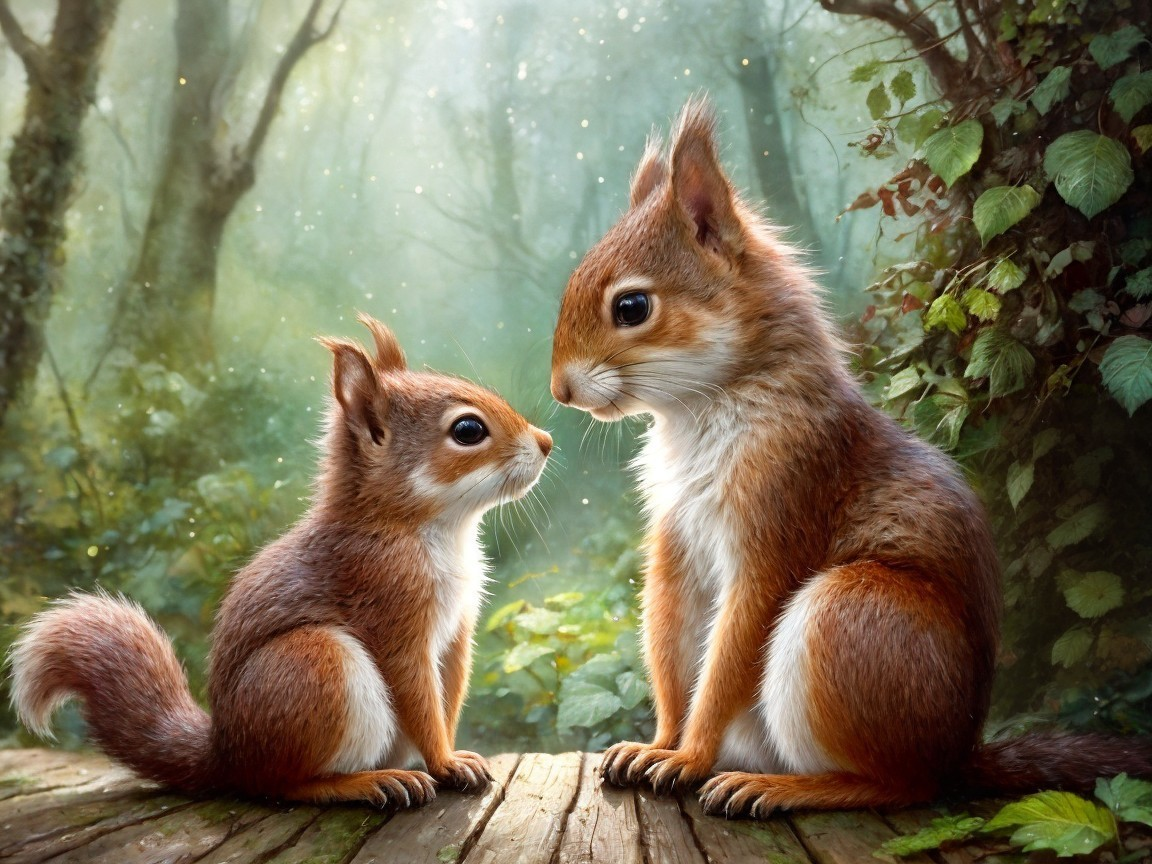 Mother Squirrel and Young One in Forest Setting