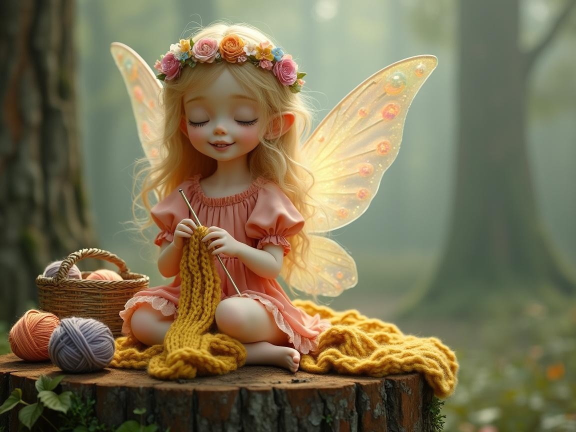 Fairy Knitting a Yellow Scarf in a Serene Forest