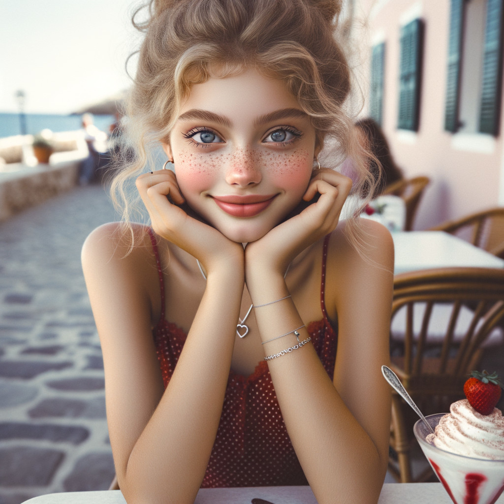 Young woman in red dress at outdoor café setting