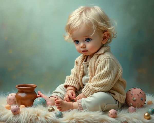 Toddler with Curly Blonde Hair Surrounded by Eggs