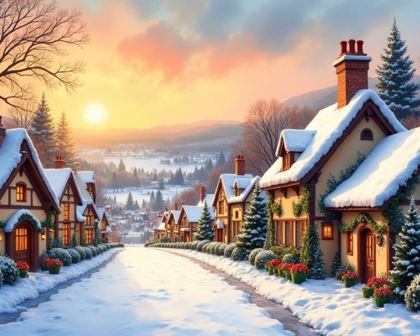 Cozy Winter Village with Snow and Christmas Decor