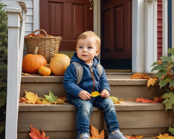 Cheerful Toddler on Porch with Autumn Leaves and Pumpkins