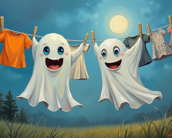 Cheerful Ghosts on a Clothesline Under Moonlight