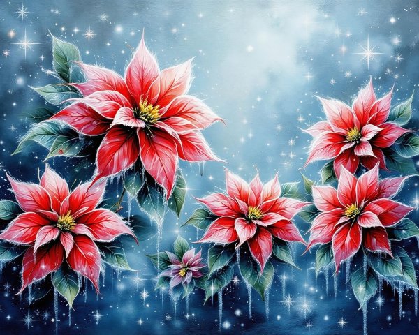 Digital Artwork of Poinsettias with Ice and Stars