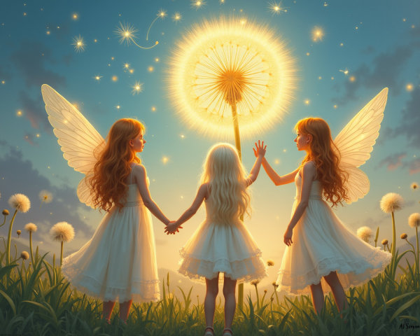 Ethereal figures with wings in a sunlit meadow