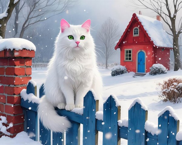 Digital Painting of White Cat on Snowy Fence Scene