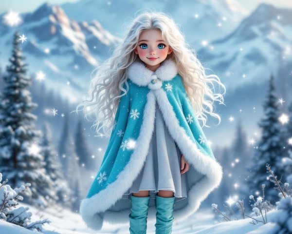 Chibi Snow Queen Illustration in Mountain Landscape