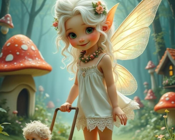 Whimsical Fairy in Enchanted Forest with Fruit Cart