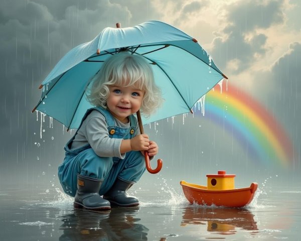 Child with Umbrella in Rain and Vibrant Rainbow