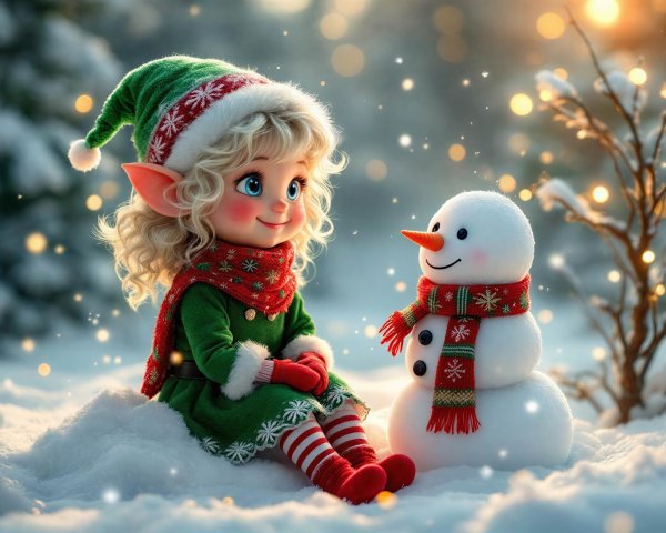Cute Elf and Snowman in a Winter Wonderland Scene