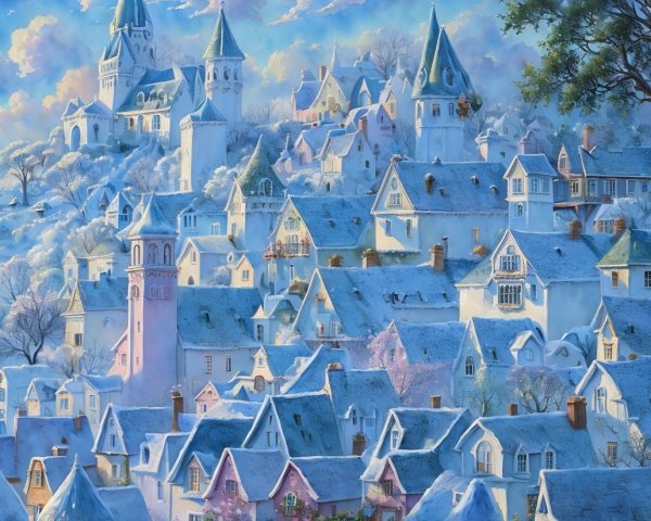 Winter Village Scene with Snow-Covered Houses and Trees