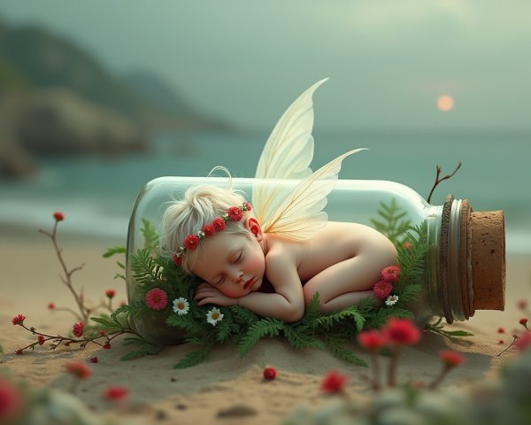 Sleeping Fairy in a Glass Jar on a Beach Scene