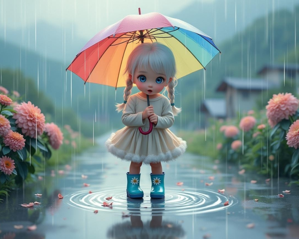 Child-like doll in rain with colorful umbrella and flowers