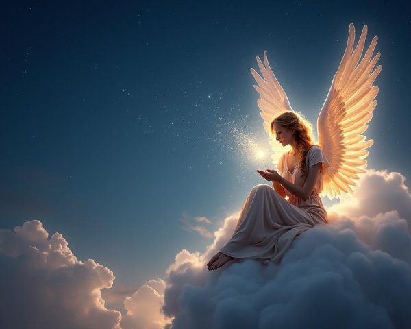 Serene figure with feathered wings on a cloud