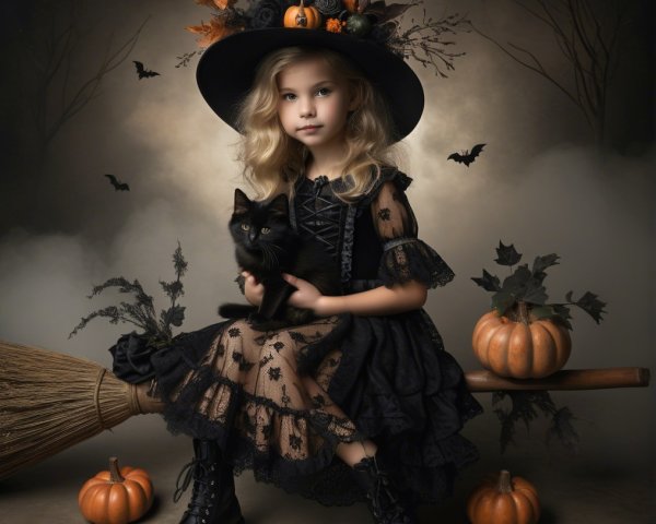 Young Girl in Witch Costume with Cat on Broomstick