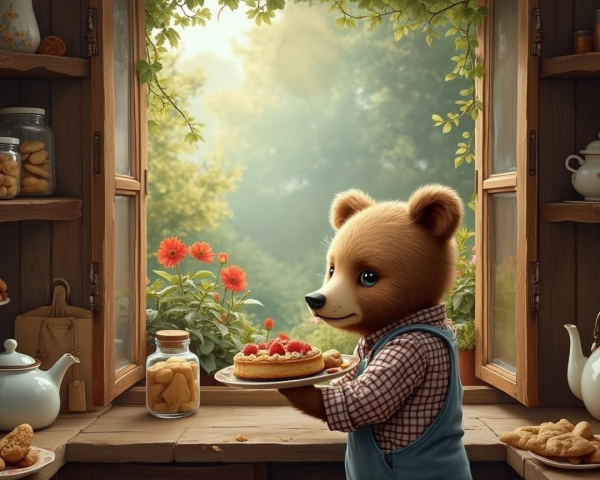 Cheerful bear in cozy kitchen with pastries and flowers