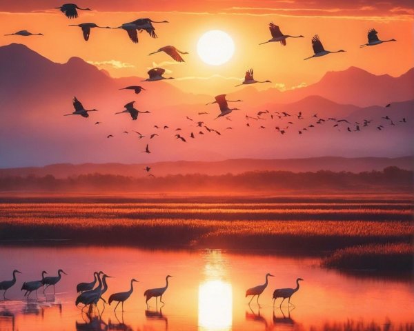 Sunset Over Lake with Cranes and Majestic Mountains