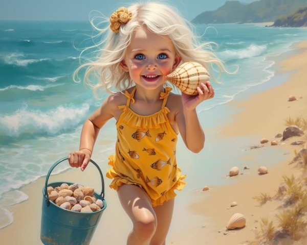 Young girl in yellow swimsuit on sunny beach with shells
