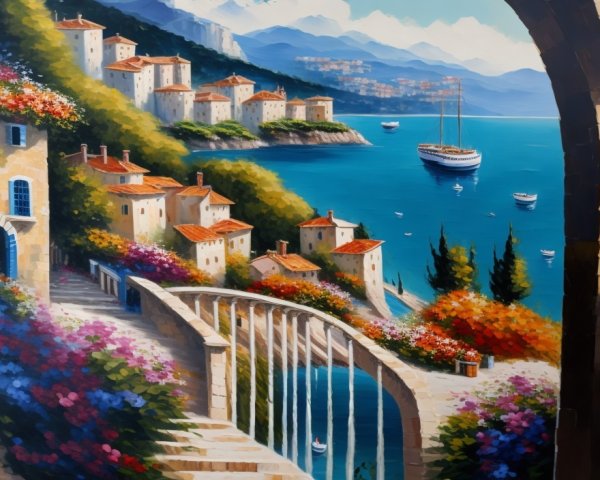 Coastal Village with Flowers and Scenic Architecture