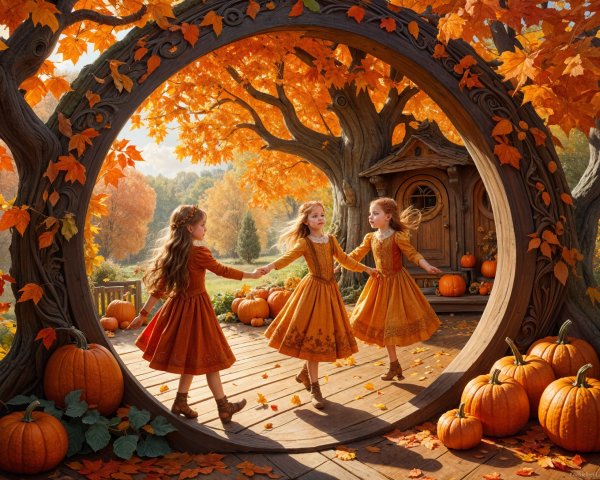 Whimsical Autumn Scene with Dancing Girls and Pumpkins