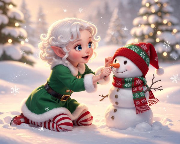 Elf with Curly Hair and Snowman in Winter Scene
