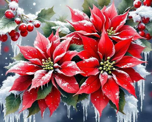 Close-Up of Snow-Dusted Red Poinsettias and Berries