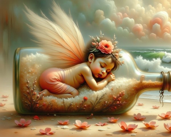 Fairy Child Sleeping in Glass Bottle on Sandy Shore