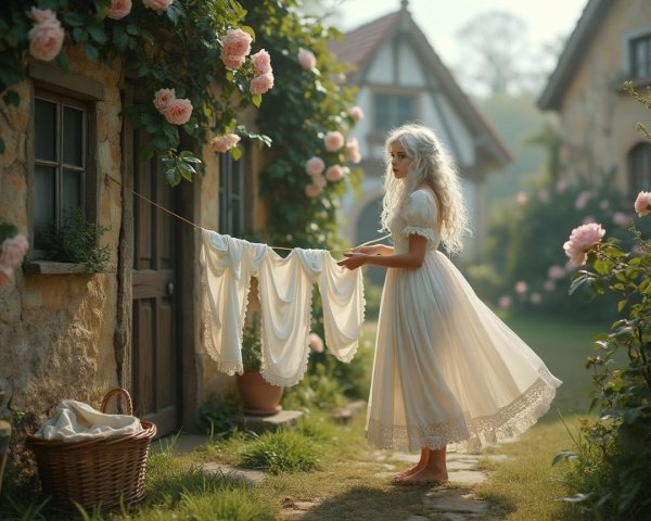 Young Woman Hanging Laundry by a Charming Cottage