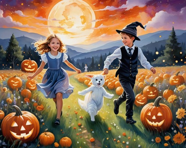 Whimsical Autumn Scene with Children and Pumpkins