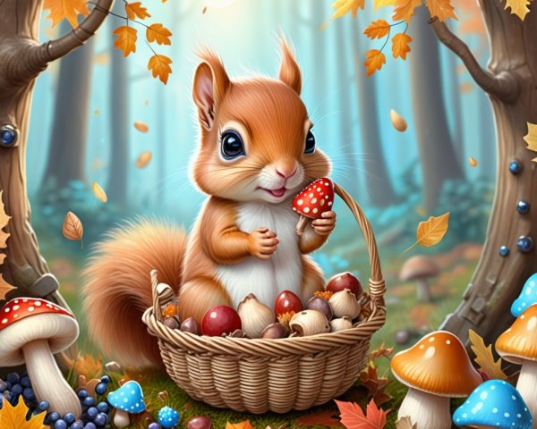 Squirrel with Acorns in a Colorful Autumn Forest