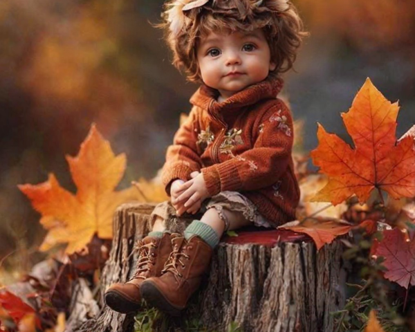 Charming Doll on Tree Stump Surrounded by Autumn Leaves