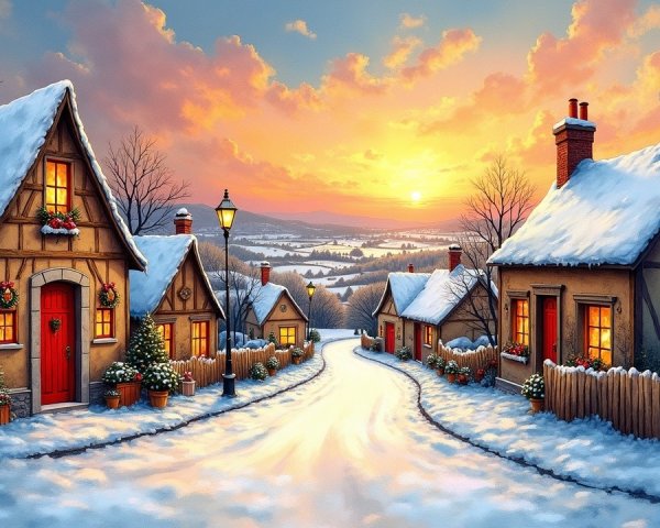 Winter Village Scene with Snowy Cottages at Sunset