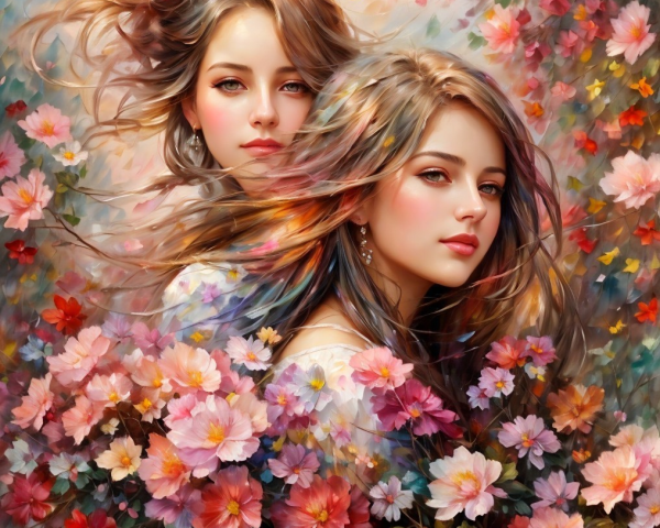 Ethereal Women Surrounded by Colorful Blossoms