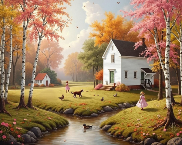 Autumn Landscape with White House and Colorful Trees